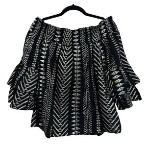 Boston Proper Cotton Metallic Embroidered Smocked Off Shoulder Black Gold Top S